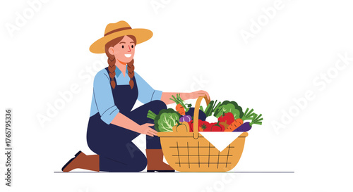 Woman farmer kneeling with basket of fresh vegetables smiling happily.