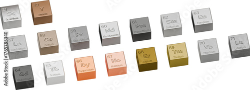 The 17 rare earth elements depicted as cubes with their atomic numbers, symbol and names engraved in English. Scandium Yttrium Neodym Lanthan Terbium Lutetium Holmium Praseodym Thulium Ytterbium 