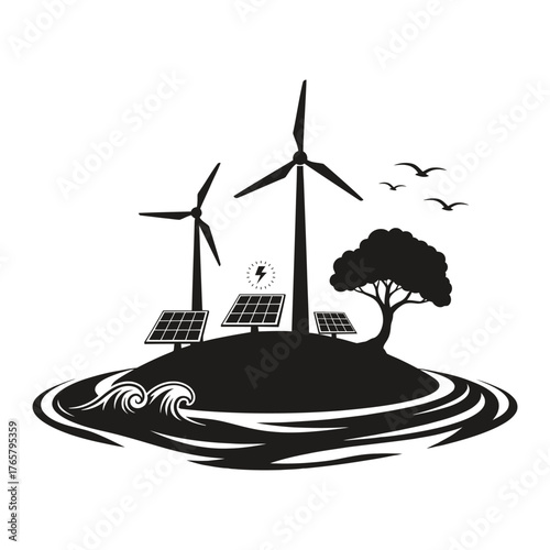 Silhouette of an island with wind turbines, solar panels, a tree, and birds, representing renewable energy.