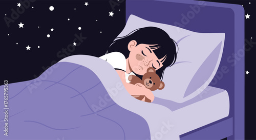 Young girl sleeping peacefully with teddy bear in bed.