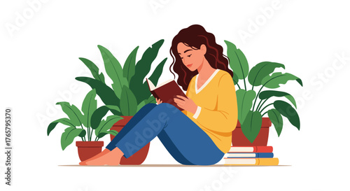 Woman engrossed in reading a book surrounded by lush green plants.