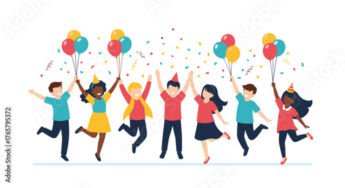 Joyful group of diverse children celebrating with balloons and confetti.