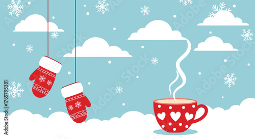 Cozy winter scene with warm drink and mittens.