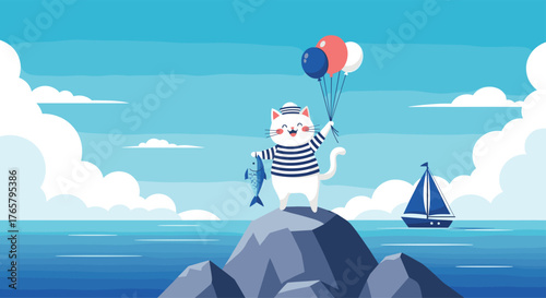 Cute cartoon sailor cat holding a fish and balloons.
