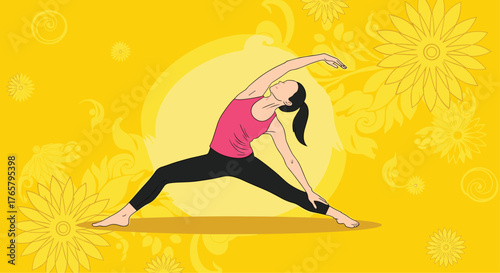 Woman in yoga pose stretching body for fitness and wellness.