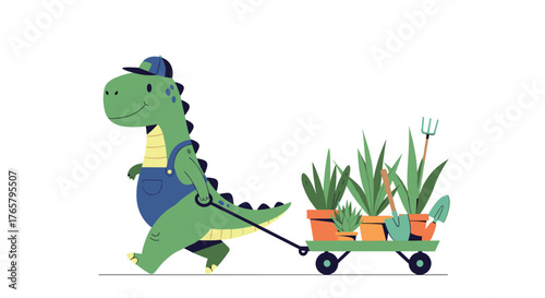 Cute cartoon dinosaur gardener pulling wagon with potted plants.