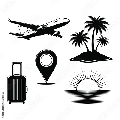 A collection of black and white travel and vacation icons including an airplane, island, suitcase, and map pin.
