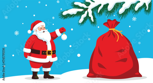 Santa Claus with a sack of gifts in the snow.