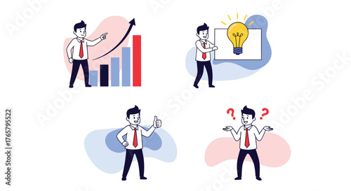 Businessman engaged in various business activities and problem-solving scenarios.