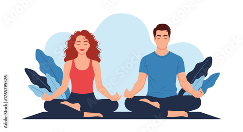 Man and woman meditating together in the lotus yoga pose.