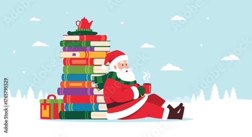 Santa Claus Relaxing with a Stack of Books and a Cup of Tea.