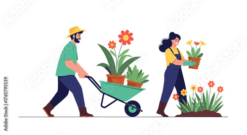 Gardening couple working together with plants and wheelbarrow in garden.
