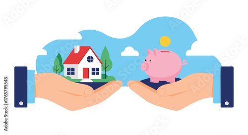 Hands holding a house and a piggy bank for savings and investment.