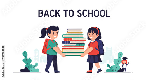 Two girls carrying a stack of books for back to school.