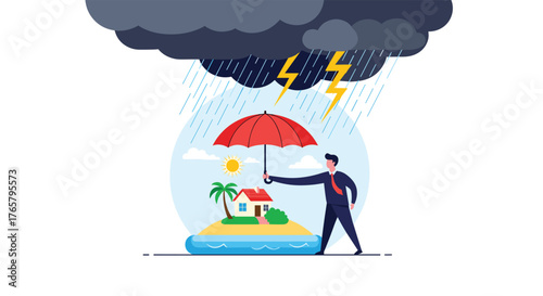 Man with umbrella protecting house from storm.