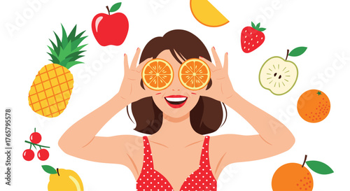 Woman with oranges covering eyes surrounded by fruits for healthy lifestyle.