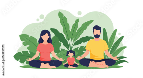 Family meditating together in a peaceful setting.