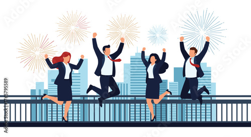 Joyful business team celebrating success with fireworks and excitement.