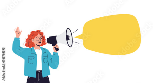 Young red-haired woman in a denim jacket shouting into a megaphone.