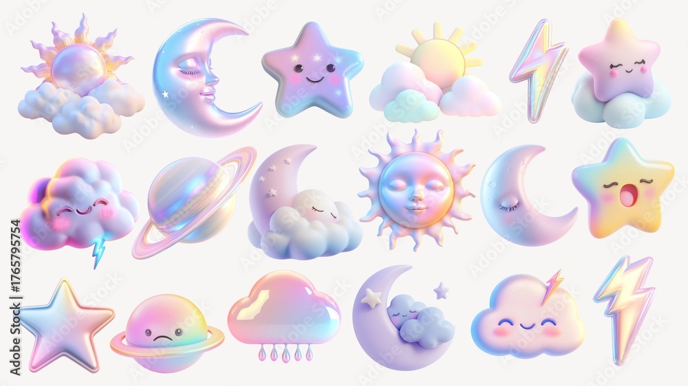 Fototapeta premium Whimsical 3D Pastel Iridescent Celestial and Weather Elements Collection on White
