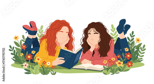 Two young women enjoying reading books together outdoors.