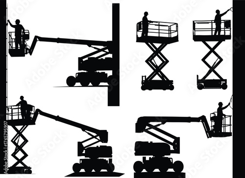 Aerial work platform silhouettes, boom lift and scissor lift operation, construction worker safety, black and white vector illustration, industrial maintenance concept