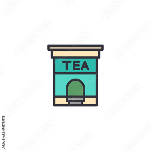 Illustration of a tea shop building, representing café, tea store, beverage business, and relaxing tea culture concept.