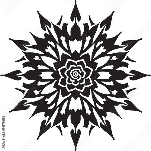 Black Floral Mandala Design,
Decorative Geometric Ornament Vector,
Symmetrical Floral Pattern Illustration
