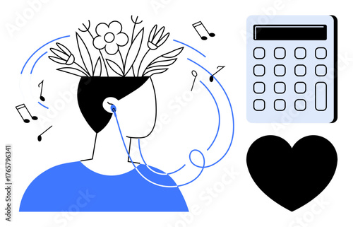 Human figure with blooming flowers from head listening to music, heart and calculator nearby. Ideal for creativity, mindfulness, logic vs emotion, mental health, inspiration, self-expression, simple