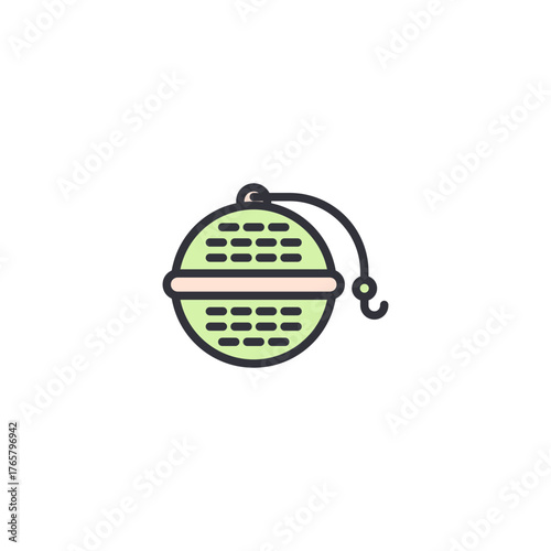 Illustration of a tea strainer with leaves, symbolizing fresh organic tea, brewing tools, and eco-friendly drink preparation.