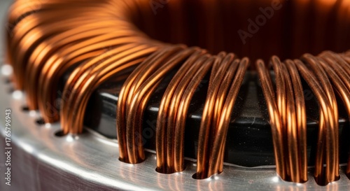Detailed close up of a copper wire coil winding.