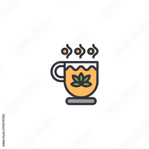 Flat design of steaming teacup with flower, symbolizing floral tea, aromatherapy drink, and relaxation wellness concept.