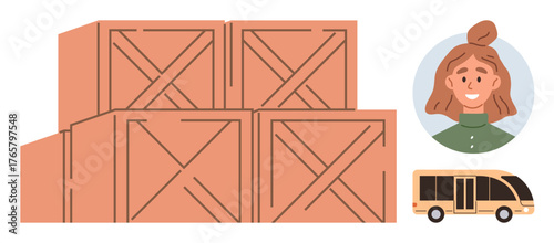 Wooden crates stacked neatly, smiling woman in close-up portrait, and a small modern bus. Ideal for shipping, logistics, supply chain, transportation, delivery customer service travel. Simple flat