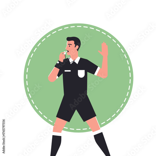 A male referee in a black uniform blows a whistle and raises his hand, signaling a call during a game.