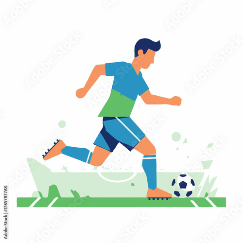 A vector illustration of a soccer player kicking a ball on a green field during a game.