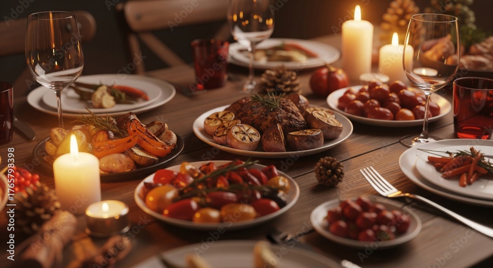 Naklejka premium Festive Dinner Table Setting with Candles and Roasted Vegetables in Warm Lighting