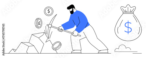 Person uses pickaxe to mine blocks releasing coins with currency signs money bag nearby. Ideal for finance, cryptocurrency, investment, mining, wealth, blockchain, success themes. Simple flat