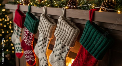 Festive Christmas Stockings Hanging Over a Warm Fireplace Decorated with Lights and Pine Garland