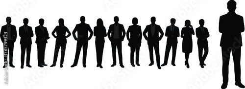 Business team silhouette, corporate leadership concept, professional group illustration, individuality in workplace, standing out in crowd, office hierarchy vector art