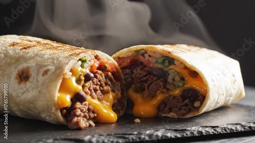 Delicious beef burrito with melted cheese and fresh ingredients, served on a dark stone plate