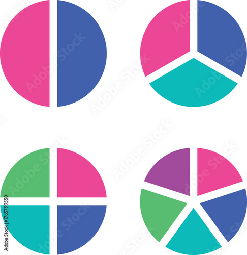 Four colorful pie charts with different segment counts set