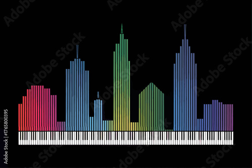 Colorful Musical Skyline Illustration with Piano Keys and City Buildings against Black Background for Creative Design Projects