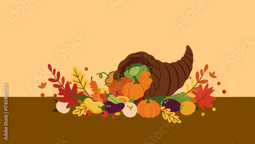 Traditional Cornucopia Filled with Autumn Fruits and Vegetables – Symbol of Harvest, Abundance, and Thanksgiving with Colorful Fall Leaves and Seasonal Produce