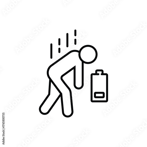 tired person icon, fatigue or exhausted, lack battery energy, low charge, burnout workplace, stress, thin line symbol on white background - editable stroke vector illustration