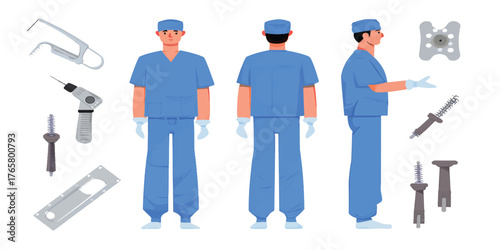 Surgeon character in scrubs from multiple angles with medical tools