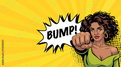 Young woman in pop art style, punching with hand. Isolated on background. Comic text in pop art style.