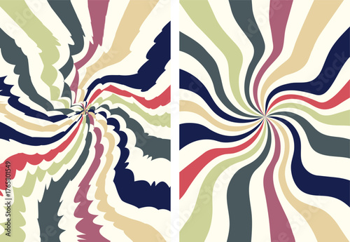 Two abstract designs with swirling lines in pastel colors side by side view