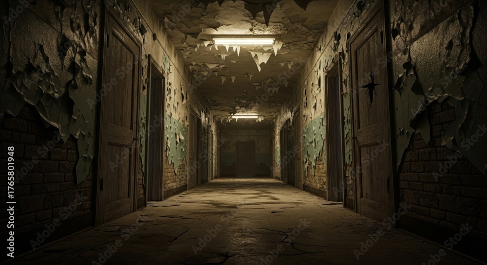 Fototapeta premium Dimly Lit Decayed Corridor with Peeling Paint and Closed Doors in an Abandoned Asylum
