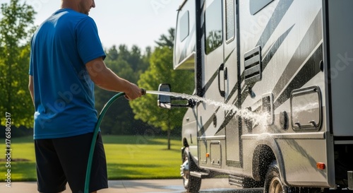 Man Washing His Recreational Vehicle with a Hose.