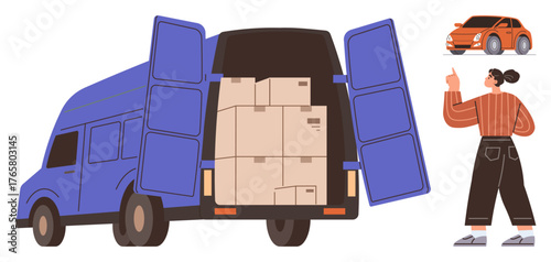 Delivery van with open doors packed with boxes, woman giving a thumbs up nearby orange car. Ideal for logistics, moving, e-commerce, courier services, transportation, instruction teamwork. Simple